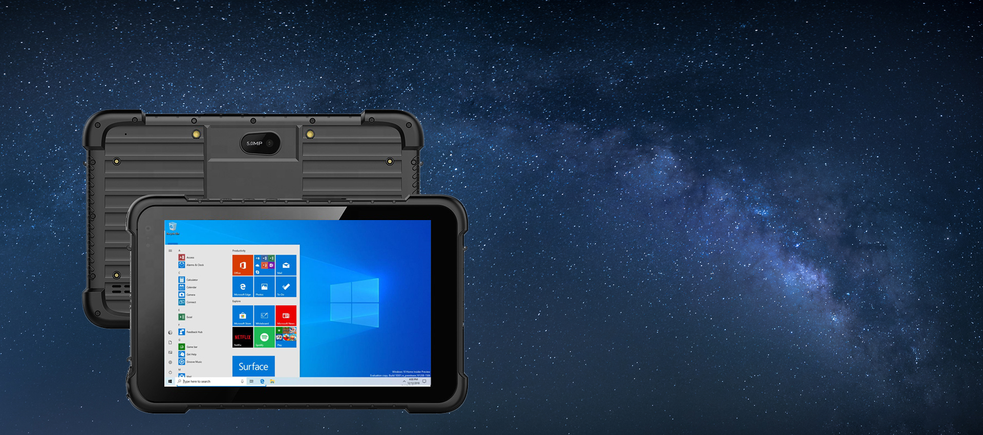 • Support for Windows 10 system
• Optional 3G/4G all network communication, WiFi, Bluetooth and other communication modes
• 8500mAh battery, 8 hours of machine endurance
• IP67 high protection level, in accordance with MIL-STD-810G
• Support GPS, more accurate positioning
• Support 5 million pixel auto focus camera, easy to collect images and video information.
• Support 1D/2D, NFC and other functional modules for free selection